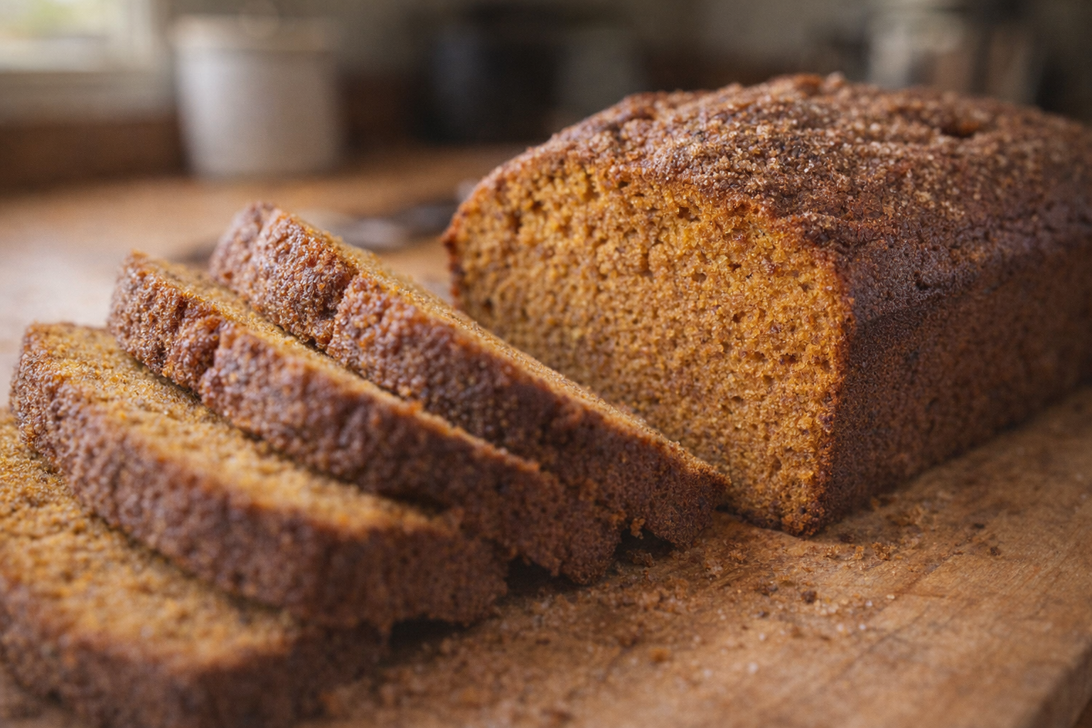 A loaf of golden brown pumpkin bread, sliced with visible moist crumb and warm lighting highlighting the spices